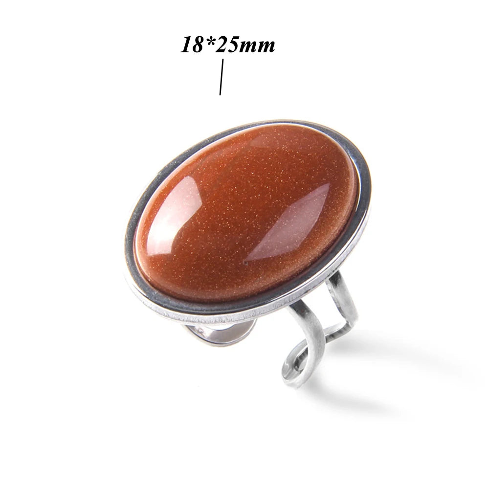 Cabochon Natural Stone Ring 10*14MM Oval Agates Turquois Quartzs Gem Finger Ring Silver Color Adjustable Open Rings Jewelry Gift