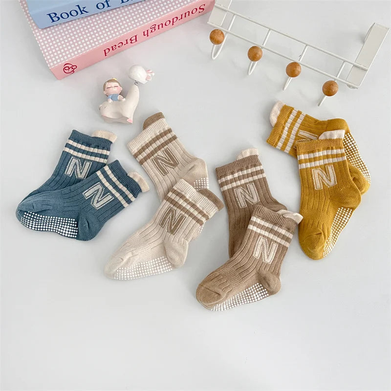 3Pairs/Lot Baby Letter Non-slip Socks Soft Cotton Short Kids Sock Infant Toddler Boys Girls Cute Stripe Socken For 0-5Years