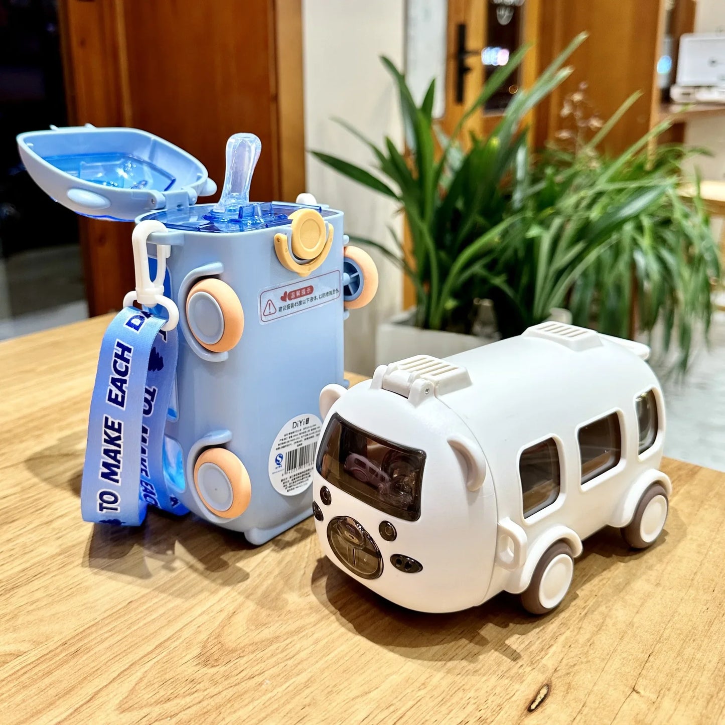 Baby Cute Panda Bus Portable Water Bottle with Shoulder Strap Kid Car Straw Water Cup Children's Water Bottle Drinking Cup
