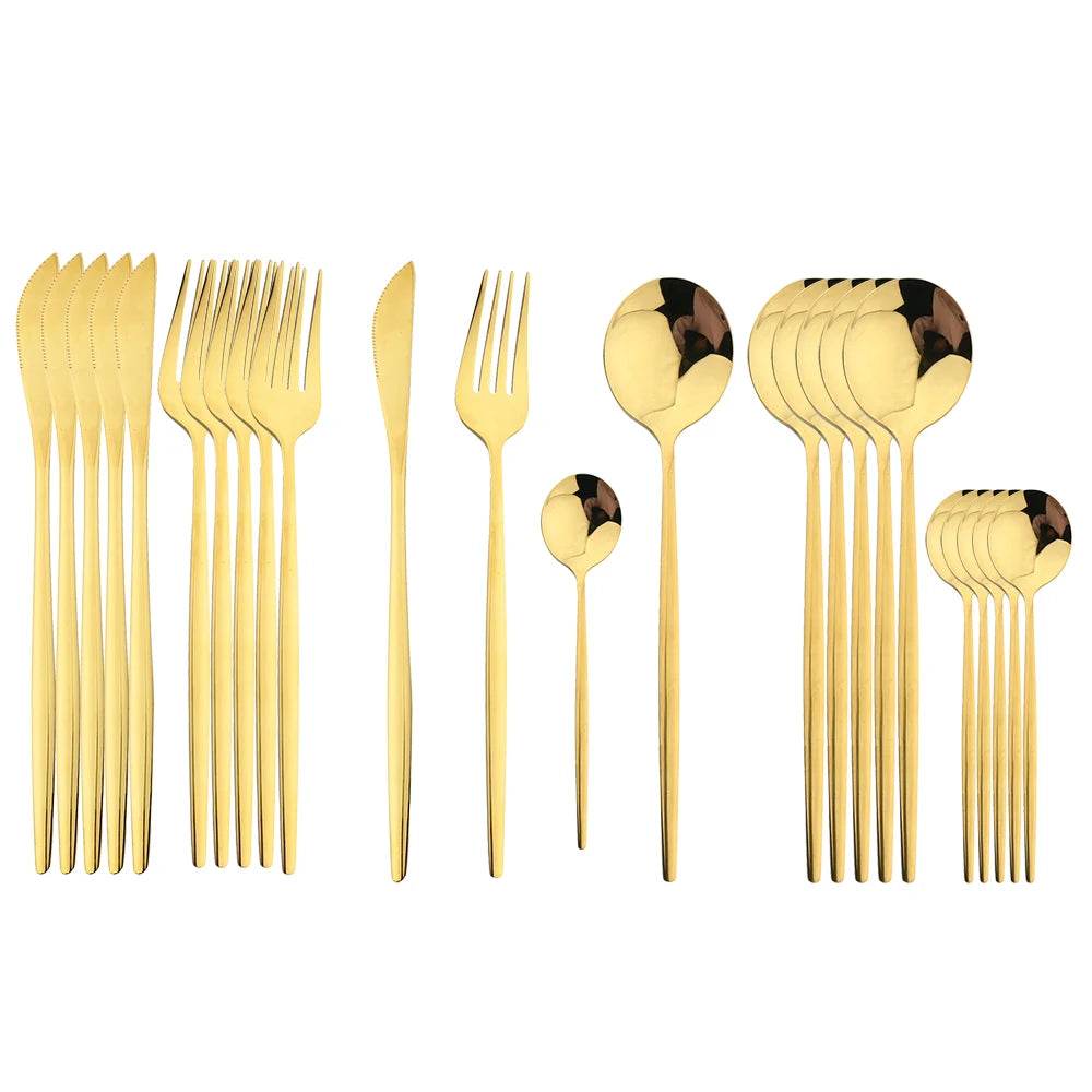 24Pcs Black Handle Golden Cutlery Set Stainless Steel Knife Fork Spoon Tableware Flatware Set Festival Kitchen Dinnerware Gift - AIAZ