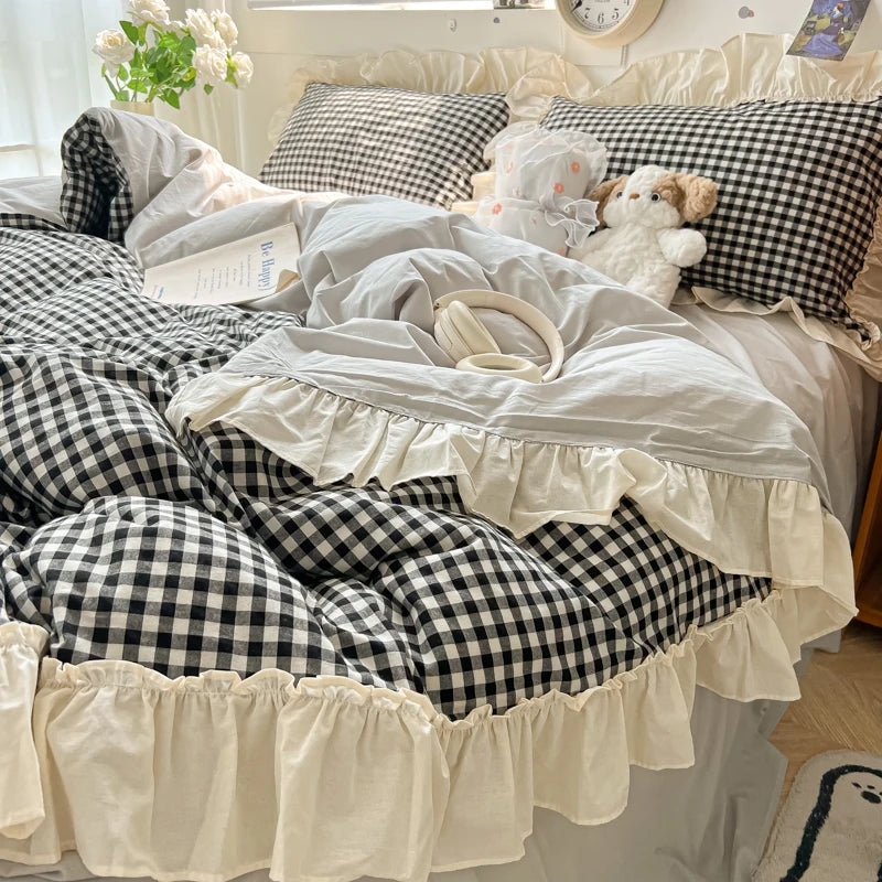 Korean Princess Style Bedding Set Soft Skin-friendly Lattice Lace Ruffles Quilt Cover Plaid Style Duvet Covers Set Pillowcases