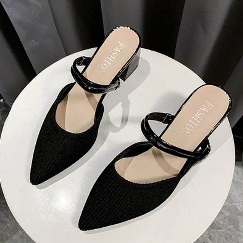 Korean Sle High Heel Sandals Women Summer Outdoor Wear Pointed Toe Double Wear Mules Cover Head f Slip Small Fraance Wind - AIAZ