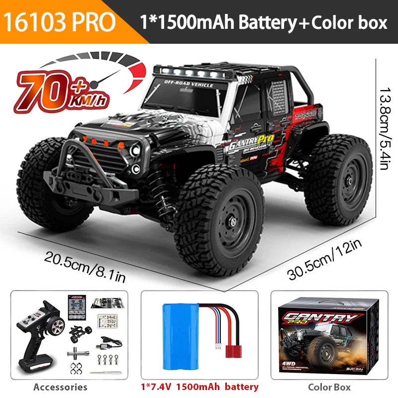 16103PRO 2.4GHz 70KM/H Professional RC Car: Brushless Motor, 1:16 Scale 4WD High-Speed Off-road Climbing Vehicle Wtith LED Light - AIAZ