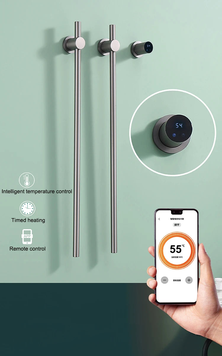 Smart Hidden Carbon Fiber Vertical Electric Heated Towel Rack Black Bathroom Bath Gray Dryer Rail Warmer Wifi Touch Control