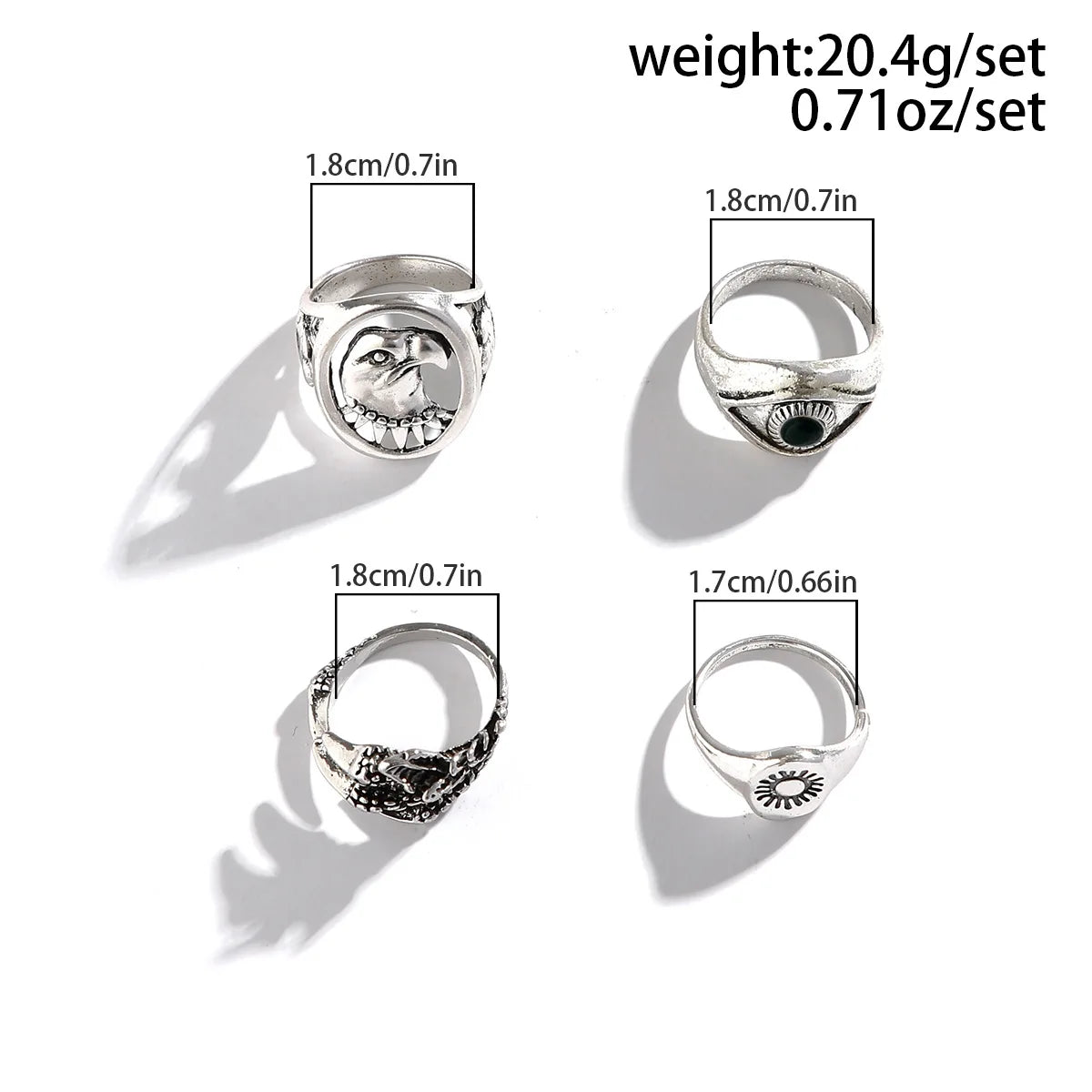 2024 New Tide Individuality Retro Geometric Hollowing Inlay Gem Rings SetLiquid State Metal Four-Piece Rings Set Paty Jewelry