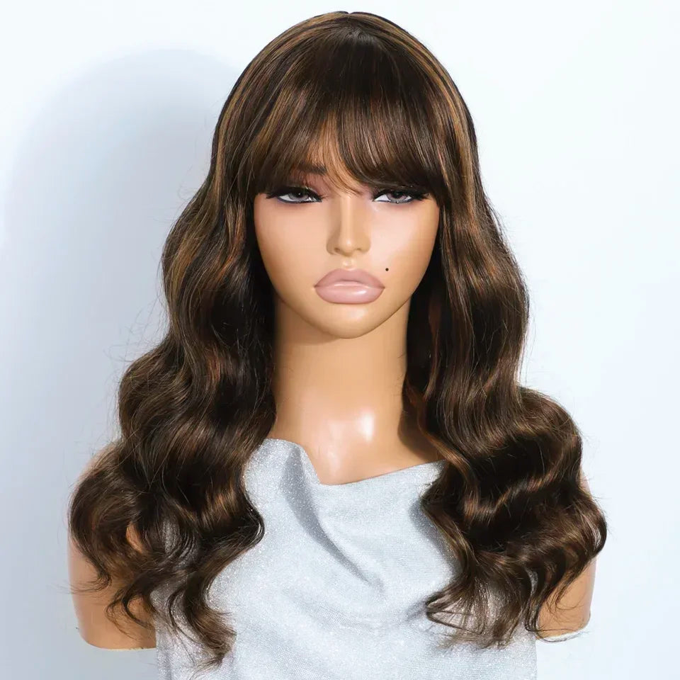 180D Highlight Body Wave Human Hair Wig With Bangs Put On And Go Ombre Blonde Peruvian Body Wavy Human Hair Wigs For Women