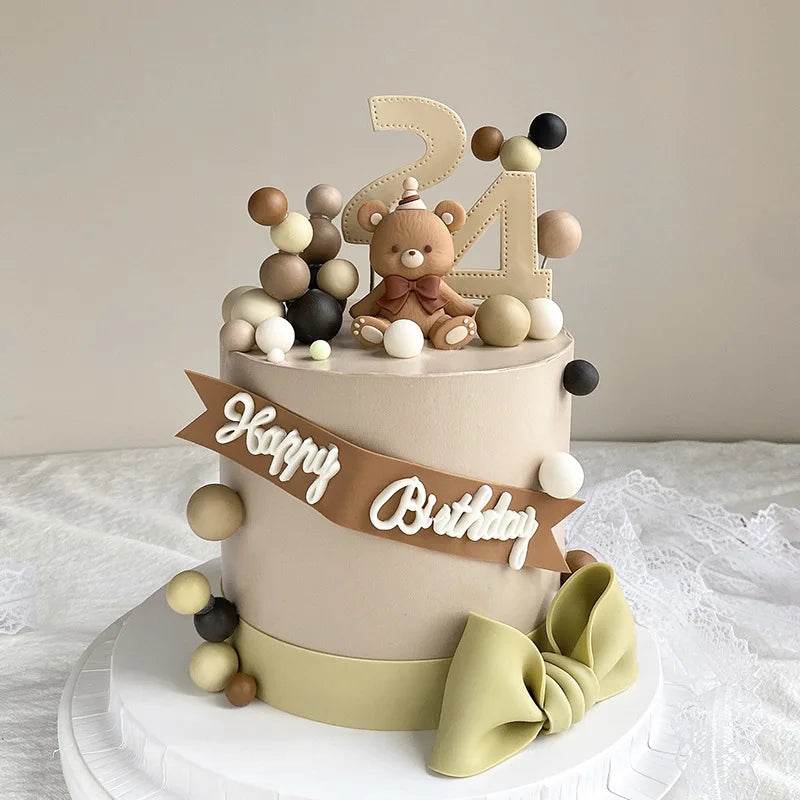 Brown Bear Doll Cake Toppers Happy Birthday Pink Blue Bear Theme Cake Topper for Birthday Baby Shower Wedding Cake Deocrations - AIAZ