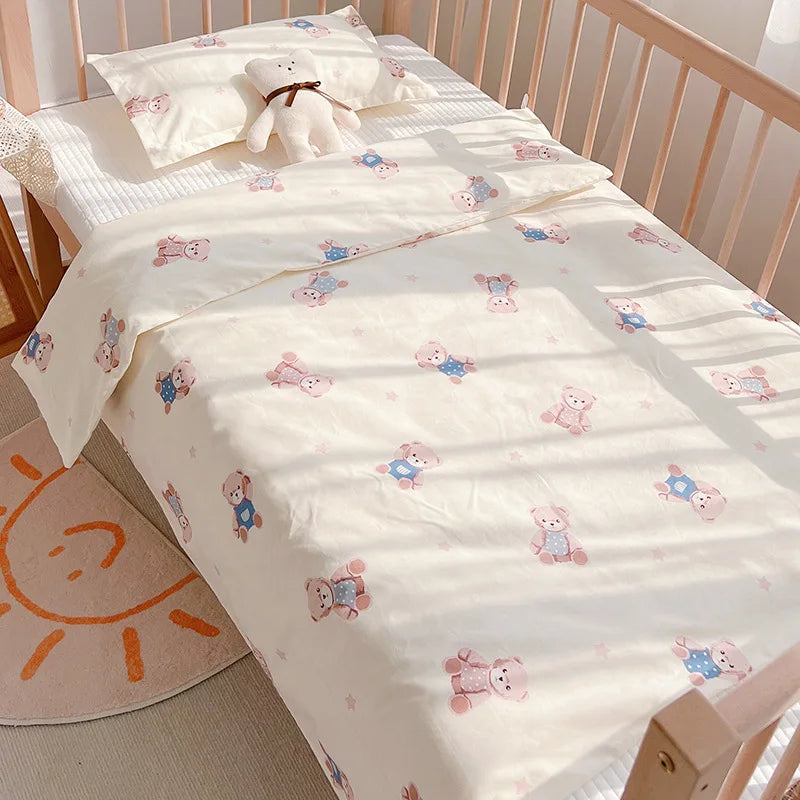 3Pcs Set Newborn Baby Cot Sheet Duvet Cover Case Pillowcase Cotton Cartoon Print Crib Flat Bed Sheet Infant Toddlers Beddings