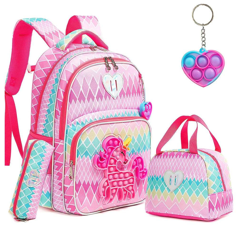 3pcs Kids Backpacks for Girls School Bag with Lunch Box Set Cute Bookbag for Primary School - AIAZ