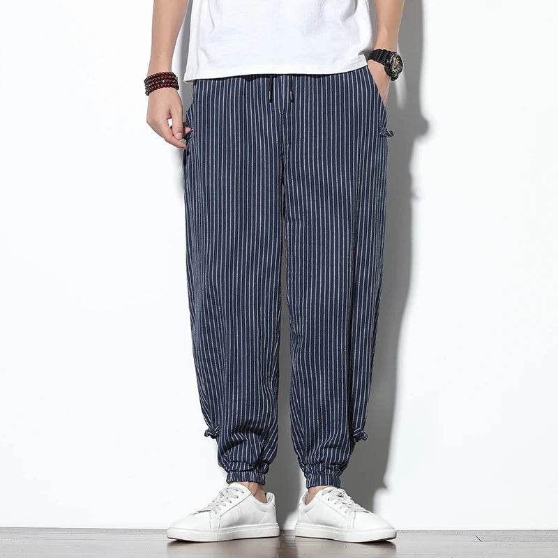 Four Seasons Men Disc Buckle Striped Harem Pants Breathable Cotton Linen Pencil Pants Buckle Casual Bloomers Fashion Trousers - AIAZ
