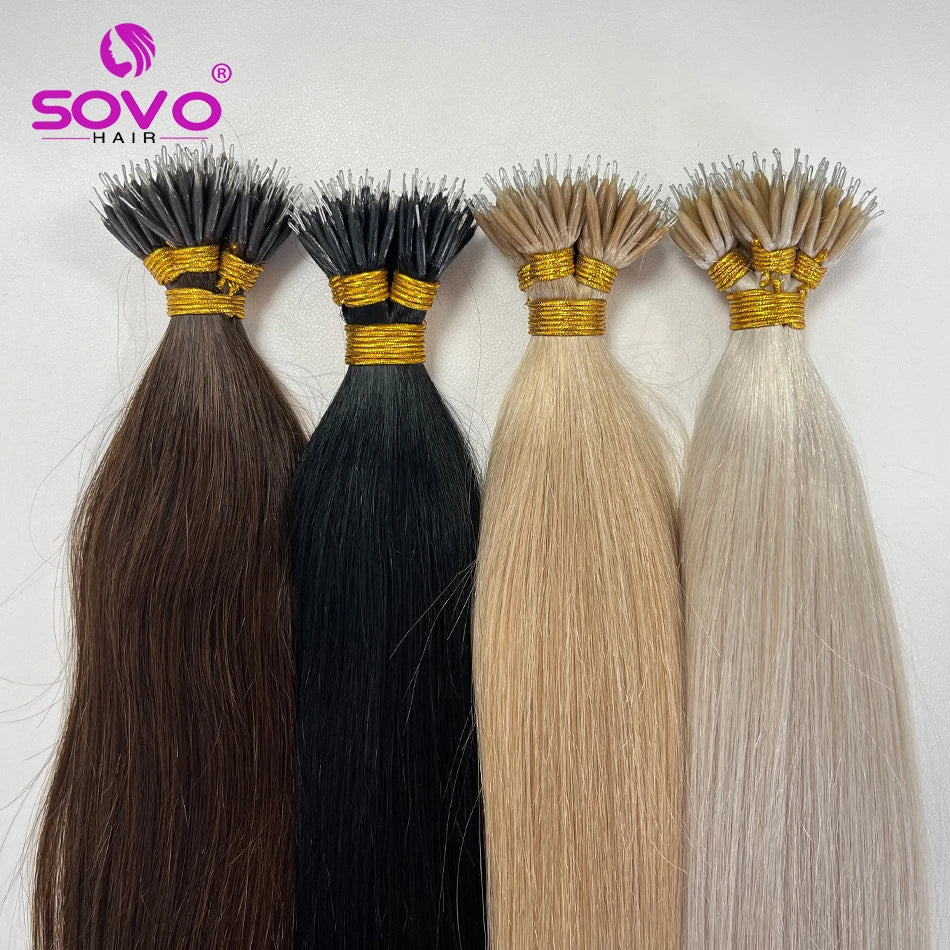 SOVO 100 Strands Nano Rings Human Hair Extensions Natural Blonde Micro Bead Loop Pre Bonded Remy European Straight Hair