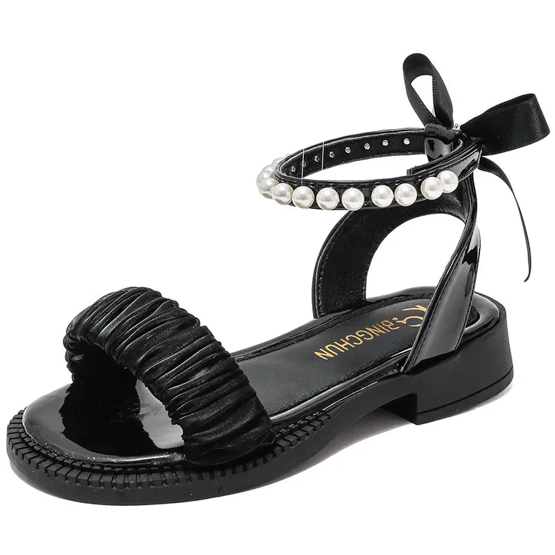 Children's Sandals Summer Elegant Girl Princess Dress Bowtie Sandals Fashion Beading Ankle Strap Kids Causal Sweet Roman Sandals