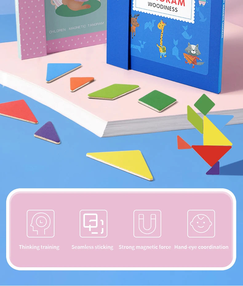 Montessori Wooden Jigsaw Magnetic Tangram Puzzle Book Educational Toys For Kid Learning Logical Game Geometric Shape Block