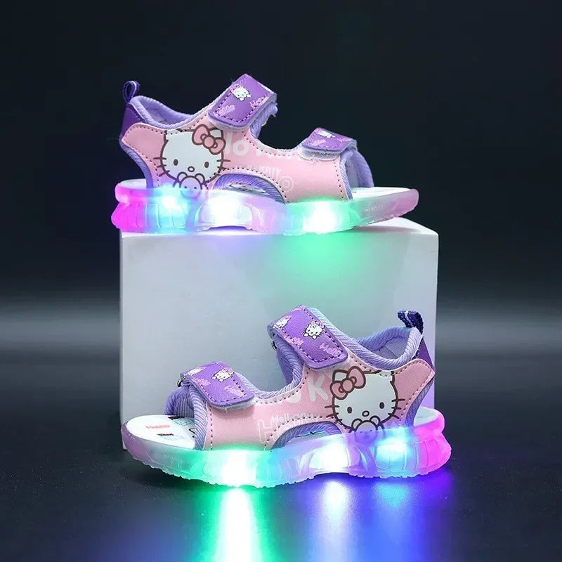 2024 Summer Baby LED Light Sandals For Girls Cute Hello Kitty Children's Casual Shoes Anti-slip Kids Beach Shoes Outdoor Shoes