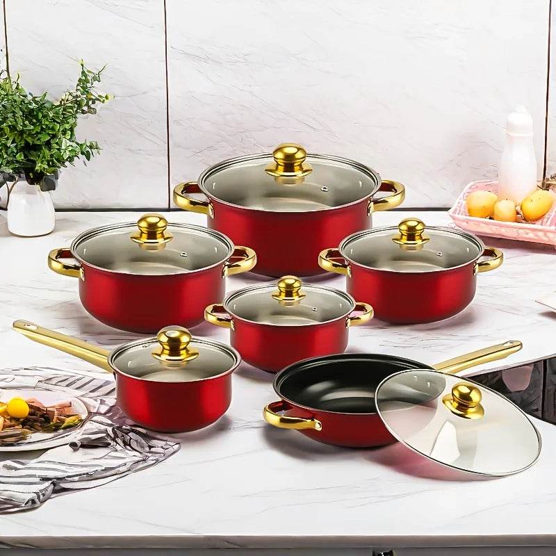 12pcs Stainless Steel Kitchenware Set, Multi-Color Non-Stick Pan Set, Pan, Pan, Pan with Lid, Versatile, Stylish And Durable - AIAZ