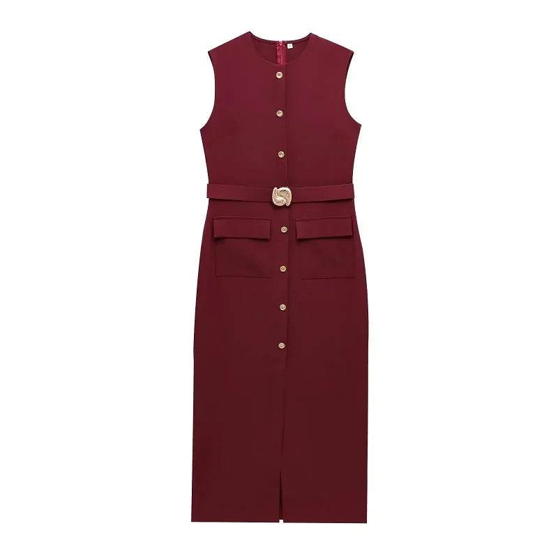 MUJER 2025 Womens Dresses Black Office Long Dresses for Women Spring Sleeveless Midi Dress Woman Belt Button Women's Dress Vest - AIAZ