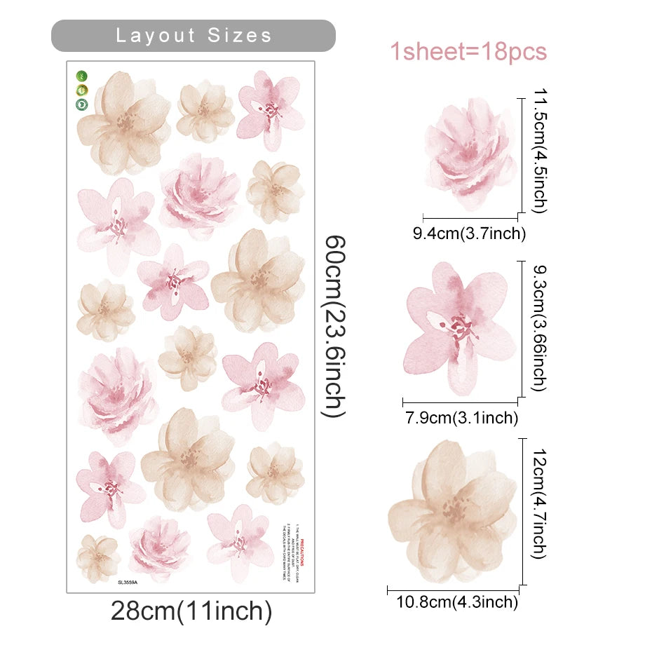 Boho Flowers Wall Stickers Child Watercolor Bedroom Living Room Home Decor Art Eco-frienly Removable Decals PVC Murals