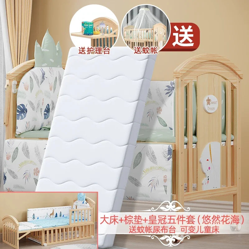 Baby Crib Multifunctional BB Baby Crib Solid Wood Unpainted Cradle Bed Movable Newborn Children Splicing Large Bed