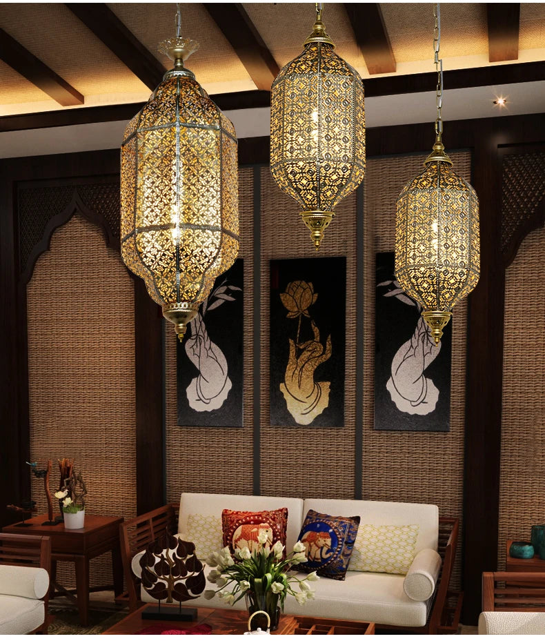 Vintage Antique Hollow Carving Pendant Lamp Southeast Asia Moroccan Golden Hanging Light Restaurant Bar Industrial Pendant Light