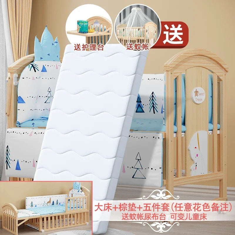 Baby Crib Multifunctional BB Baby Crib Solid Wood Unpainted Cradle Bed Movable Newborn Children Splicing Large Bed