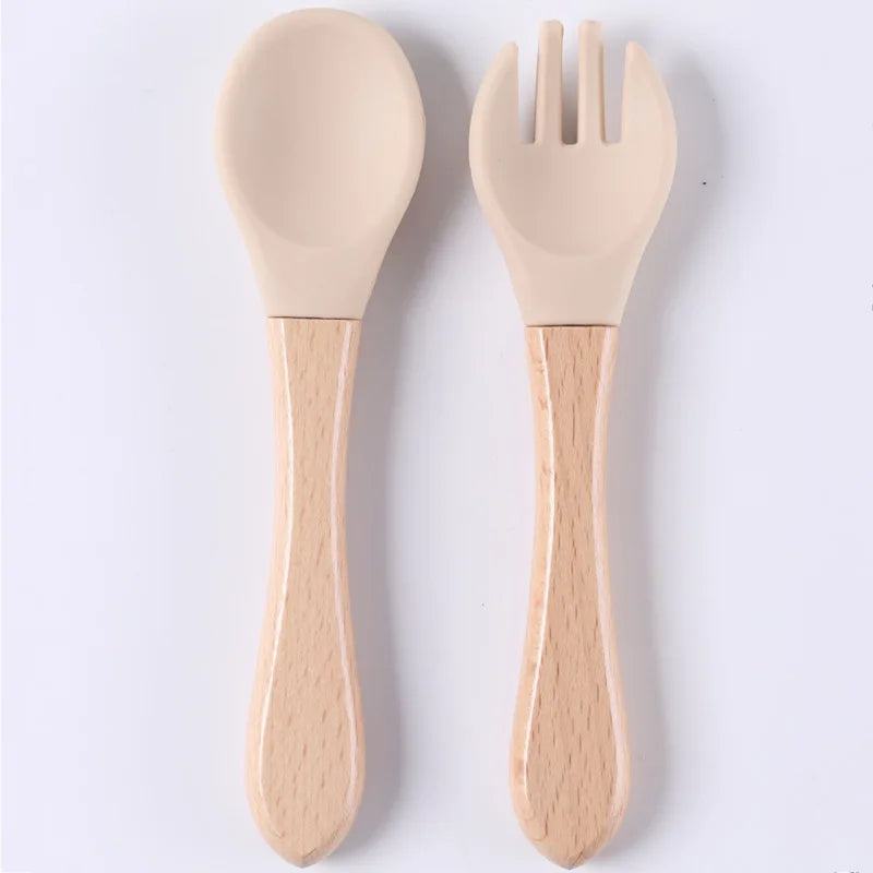 Custom Name Personalized Baby Bamboo Fork Silicone Wooden Feeding Spoon Toddlers Infant Feeding Accessories Organic BPA Free