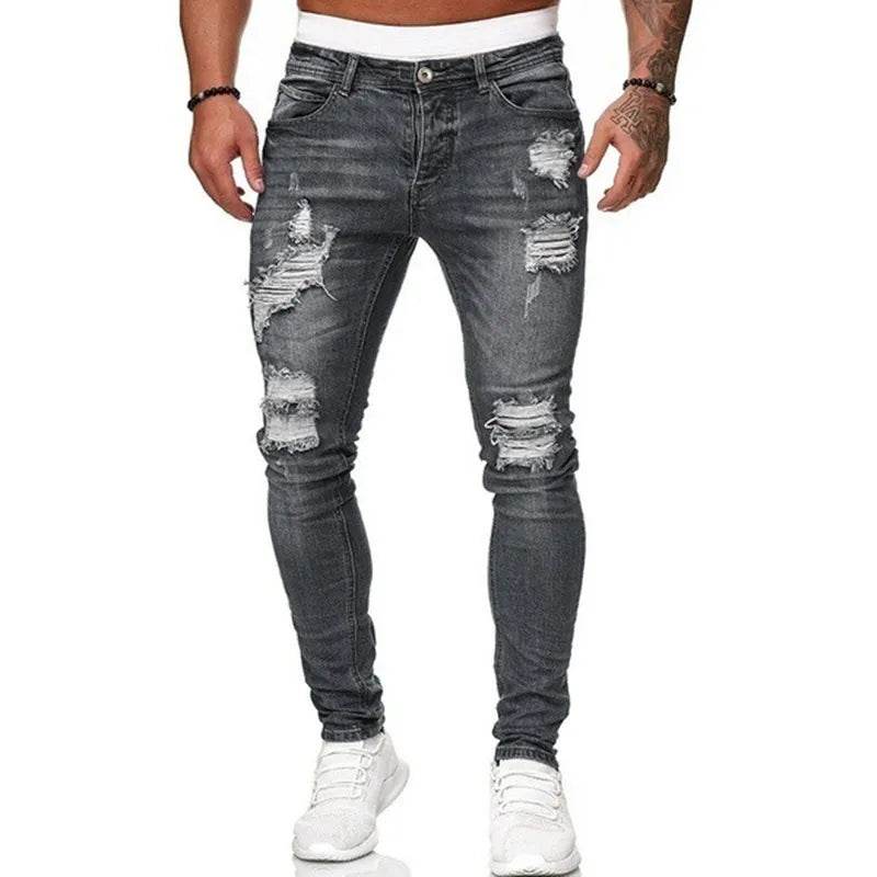 Fashion Street Style Ripped Skinny Jeans Men Vintage wash Solid Denim Trouser Mens Casual Slim fit pencil denim Pants hot sale - AIAZ