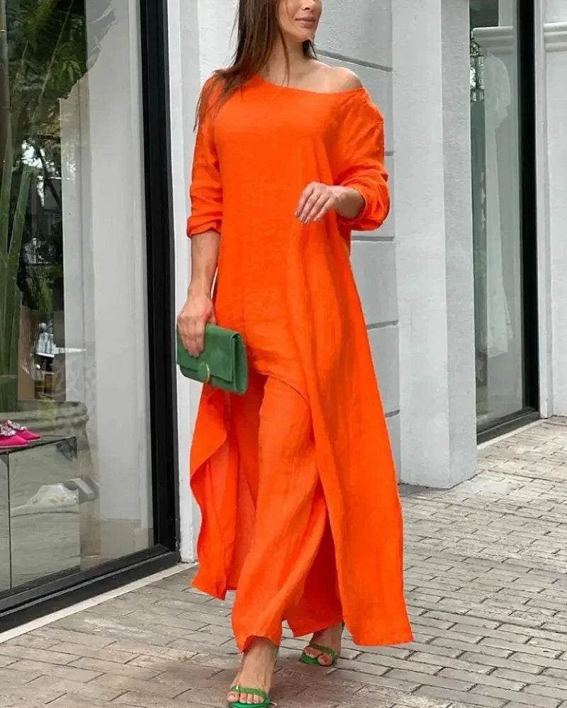 Women's Sets 2 Pcs Sale Casual O-Neck Long Sleeve Asymmetrical Dress& High Elastic Waist Wide Leg Solid Pant Suits Plus Size - AIAZ