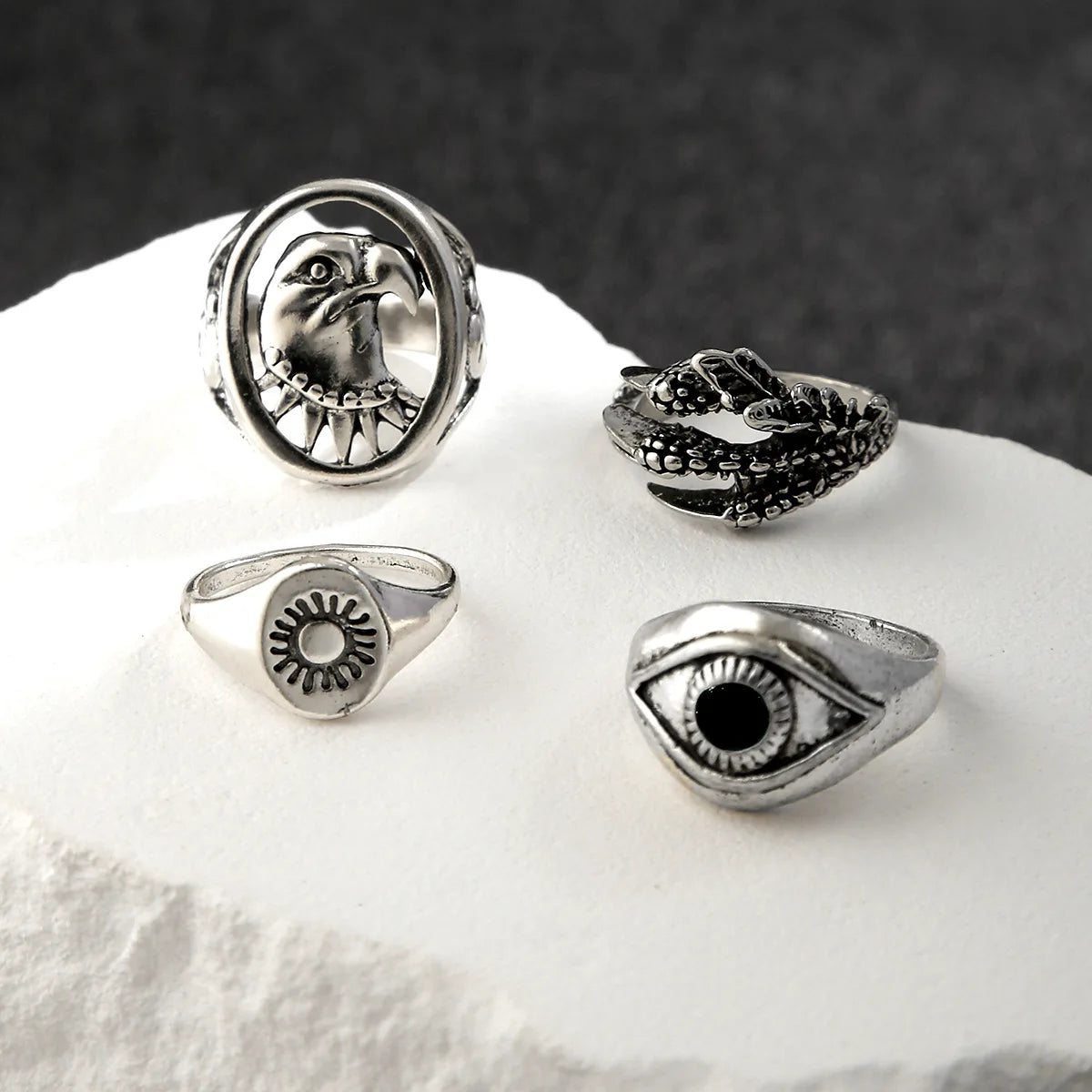2024 New Tide Individuality Retro Geometric Hollowing Inlay Gem Rings SetLiquid State Metal Four-Piece Rings Set Paty Jewelry