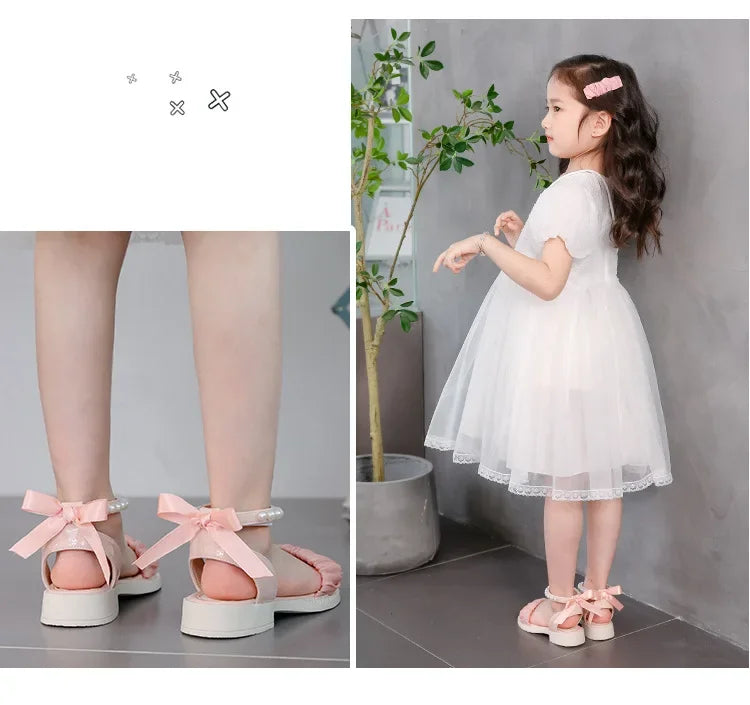 Children's Sandals Summer Elegant Girl Princess Dress Bowtie Sandals Fashion Beading Ankle Strap Kids Causal Sweet Roman Sandals