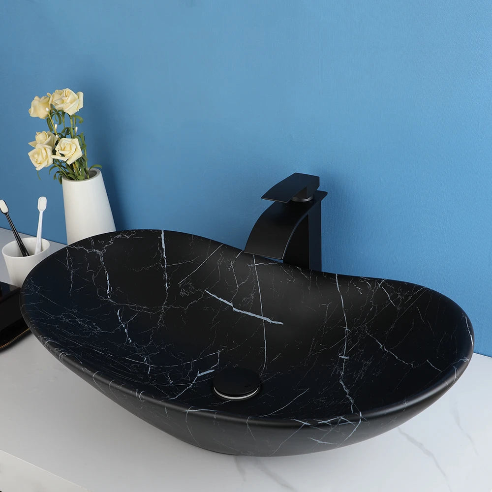 JIENI European Style Bathroom Sink Set Ceramic Washbasin Black Waterfall Faucet Pop Up Drain Combo Oval Counter Top Sinks