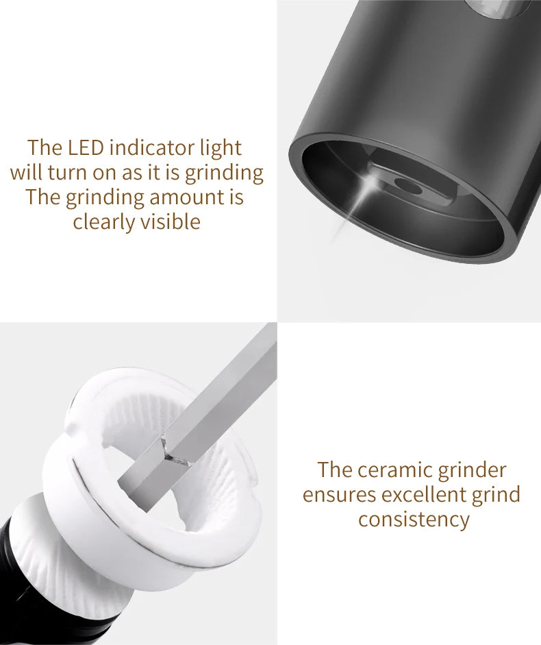 110ml Rechargeable Electric Salt and Pepper Grinder Shakers USB Automatic Djustable Coarseness Spice Mills for Kitchen Gadgets