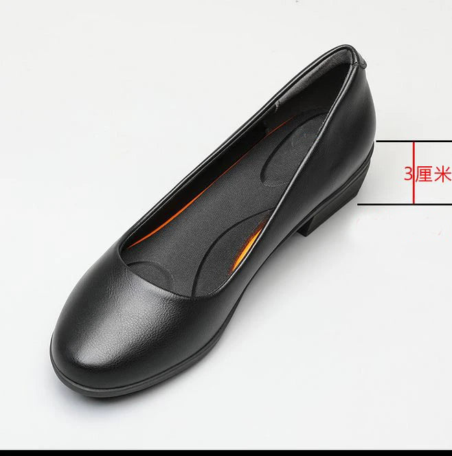 GKTINOO Black Leather Women's Work Shoes Pumps Thick Heels Round Head Shoes Soft Sole Professional Non-slip Hotel Work Shoes