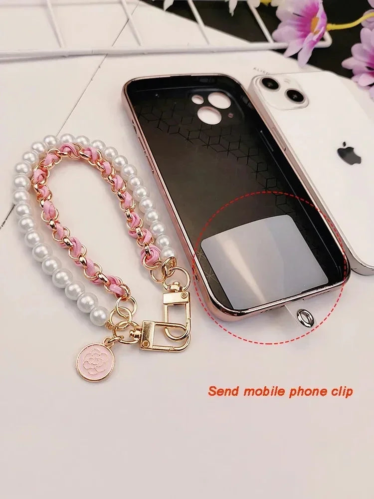 26cm Leather Pearl Camellia Mobile Phone Charm Bracelet Chain Anti-lost Universal Cell Phone Strap Rope Pendant Metal Key Chain