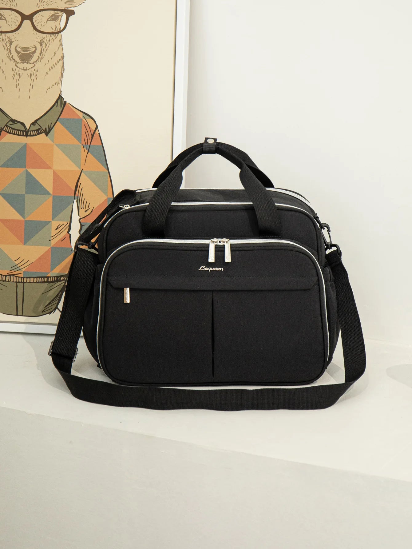 Lequeen New Maternity Mommy Travel Bag Black Shoulder Bag Handbag Tote Dry and Wet Separation Baby Diaper Stroller Bag