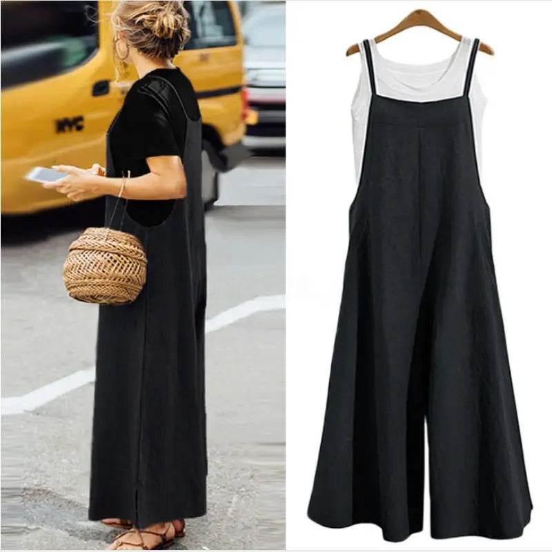 Women's Summer Sleeveless Jumpsuit Solid Color Wide Leg Bib Overalls Casual Loose Cotton Linen Straps Dungaree - AIAZ