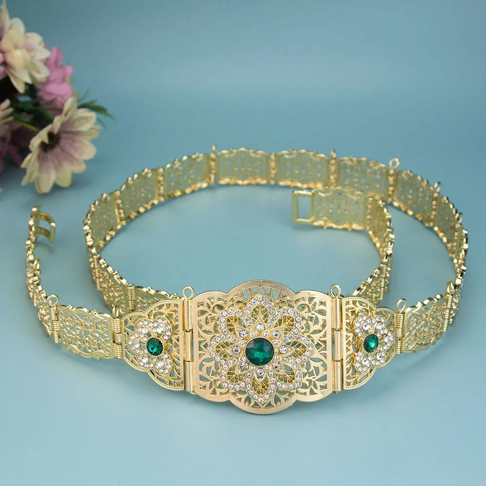 Sunspicems Moroccan Caftan Belt Gold Color Red Green Stone Algeria Wedding Dress Kaftan Abaya Arab Waist Chain Bridal Jewelry