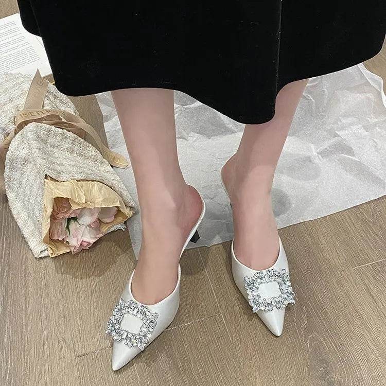 Women Sandals Summer New Slippers Pointed Toe Slingback Mules Shoes Woman Fashion Rhinestone Ladies High Heels Sexy Party Pumps - AIAZ