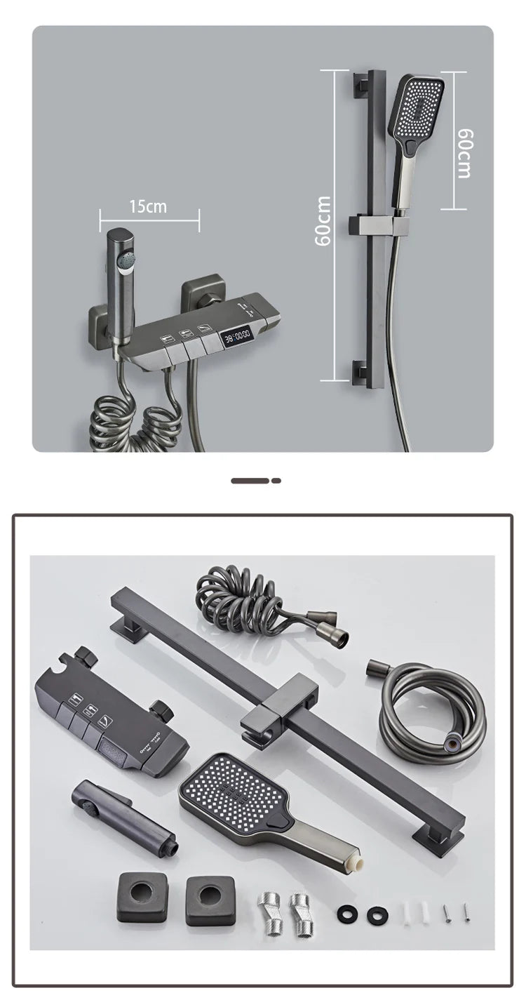 New Design Gun Grey Bathroom Shower System Set Piano Keys Brass LED Digital Shower Faucet Bath Hot and Cold Mixer Shower Tap Set