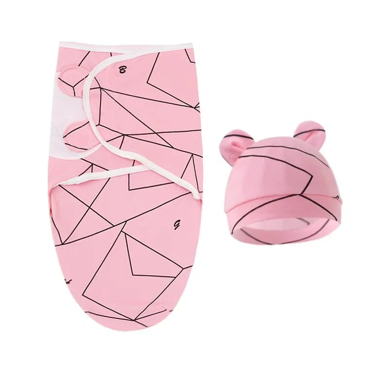 Baby Blanket Hat Set Cartoon Printed Cotton Newborn Swaddle Adjustable Infant Sleeping Swaddle Wraps All Seasons 0-6 Months