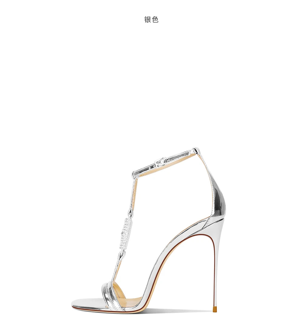 Thin high-heeled sandals summer new rhinestone T-band patent leather shoes banquet large size small size low-heeled women's shoe