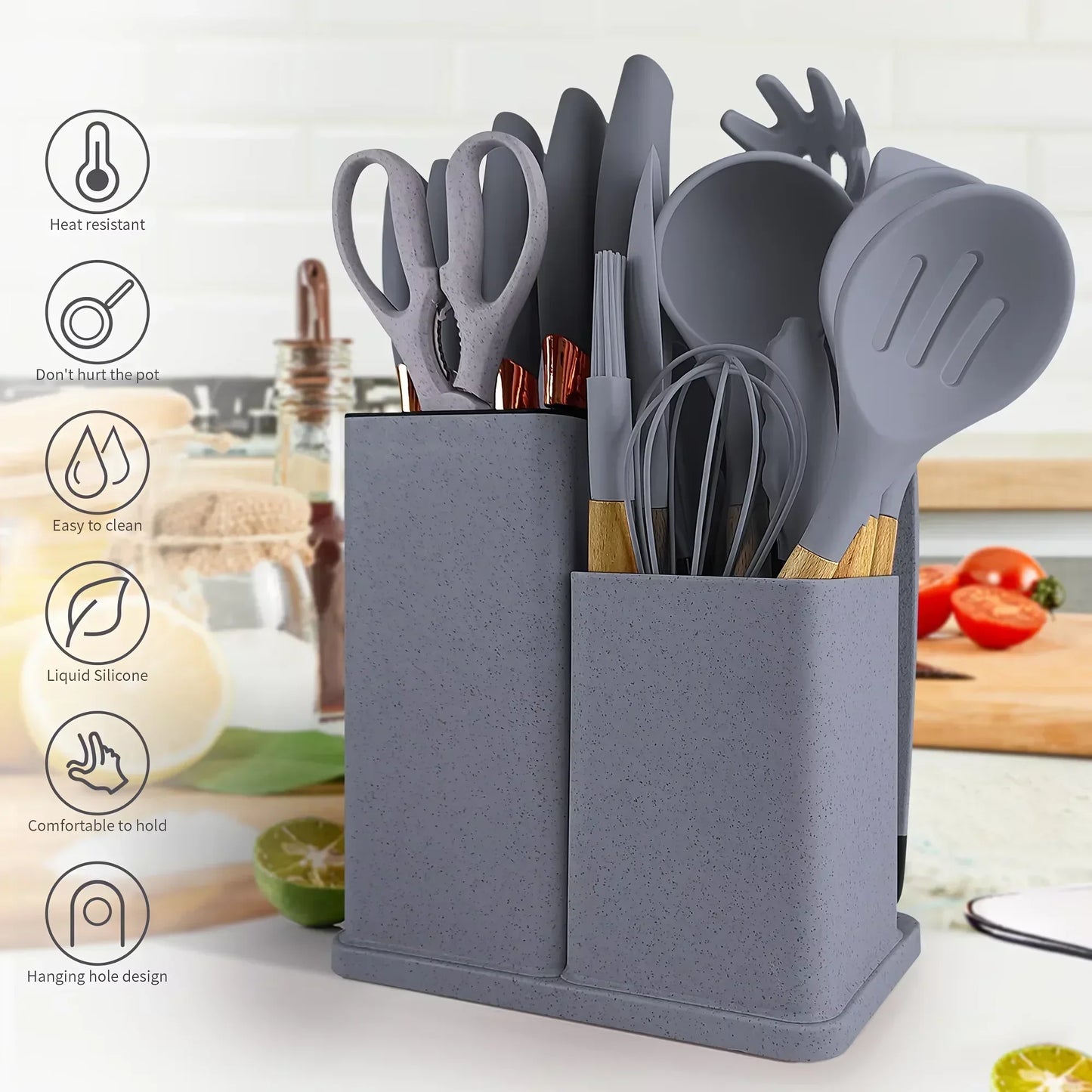19 Pcs Non-Stick Silicone Kitchen Utensil Set with Knives Heat-Resistant Tools in Bamboo Storage Perfect for Cooking