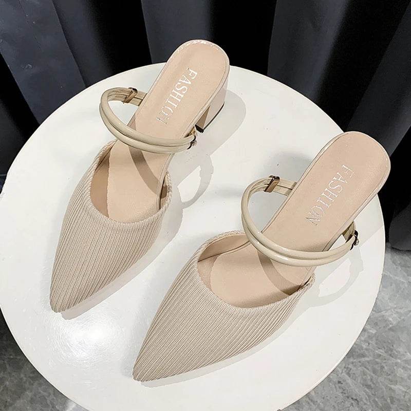 Korean Sle High Heel Sandals Women Summer Outdoor Wear Pointed Toe Double Wear Mules Cover Head f Slip Small Fraance Wind - AIAZ