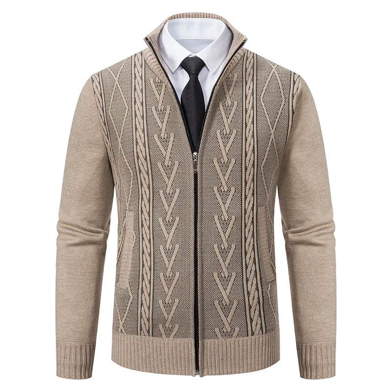 Thickened jacket men's autumn and winter warm trend line stand collar knitted cardigan sweater coat - AIAZ