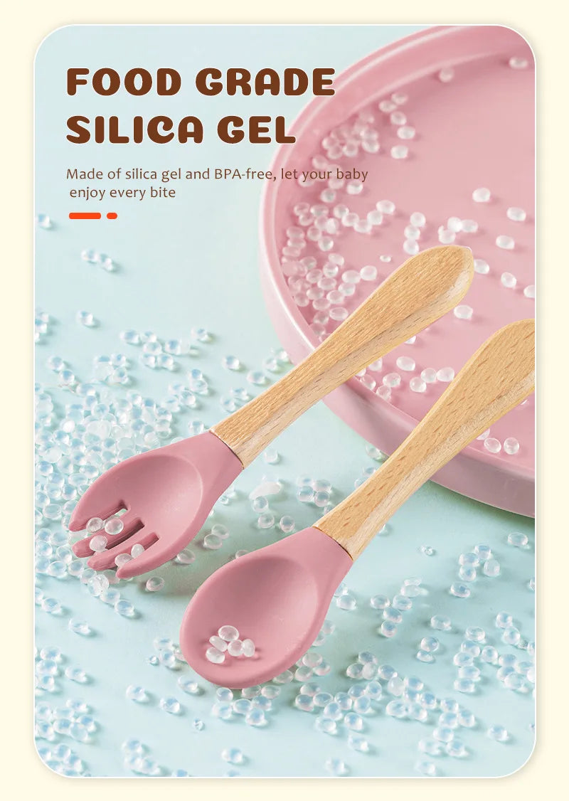Custom Name Personalized Baby Bamboo Fork Silicone Wooden Feeding Spoon Toddlers Infant Feeding Accessories Organic BPA Free