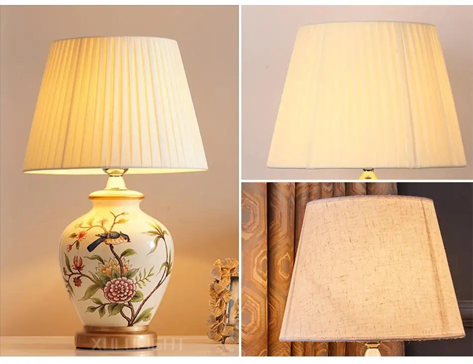 European Style Ceramic Desk Lamp Flower And Bird Painted Decorative Table Lamp Bedroom Room Bedside Table Lamp Lighting Fixture