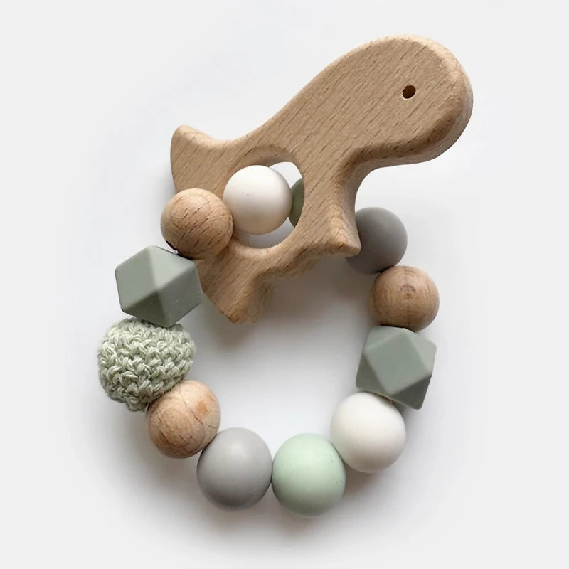 Baby Teether Bracelet Crochet Wood Crafts Engraved Bead Food Grade Silicone Beads Wood Animal Pendant Teething Toys For Rattle