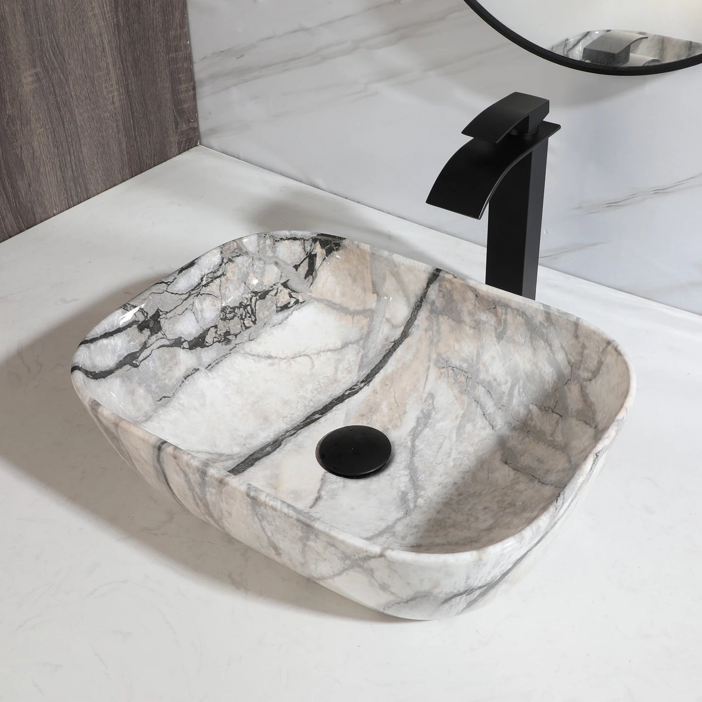 JIENI Bathroom Marble Style Vessel Sink Set Square Ceramic Basin Bowl Sink Black Faucets High-end European Modern Washbasin