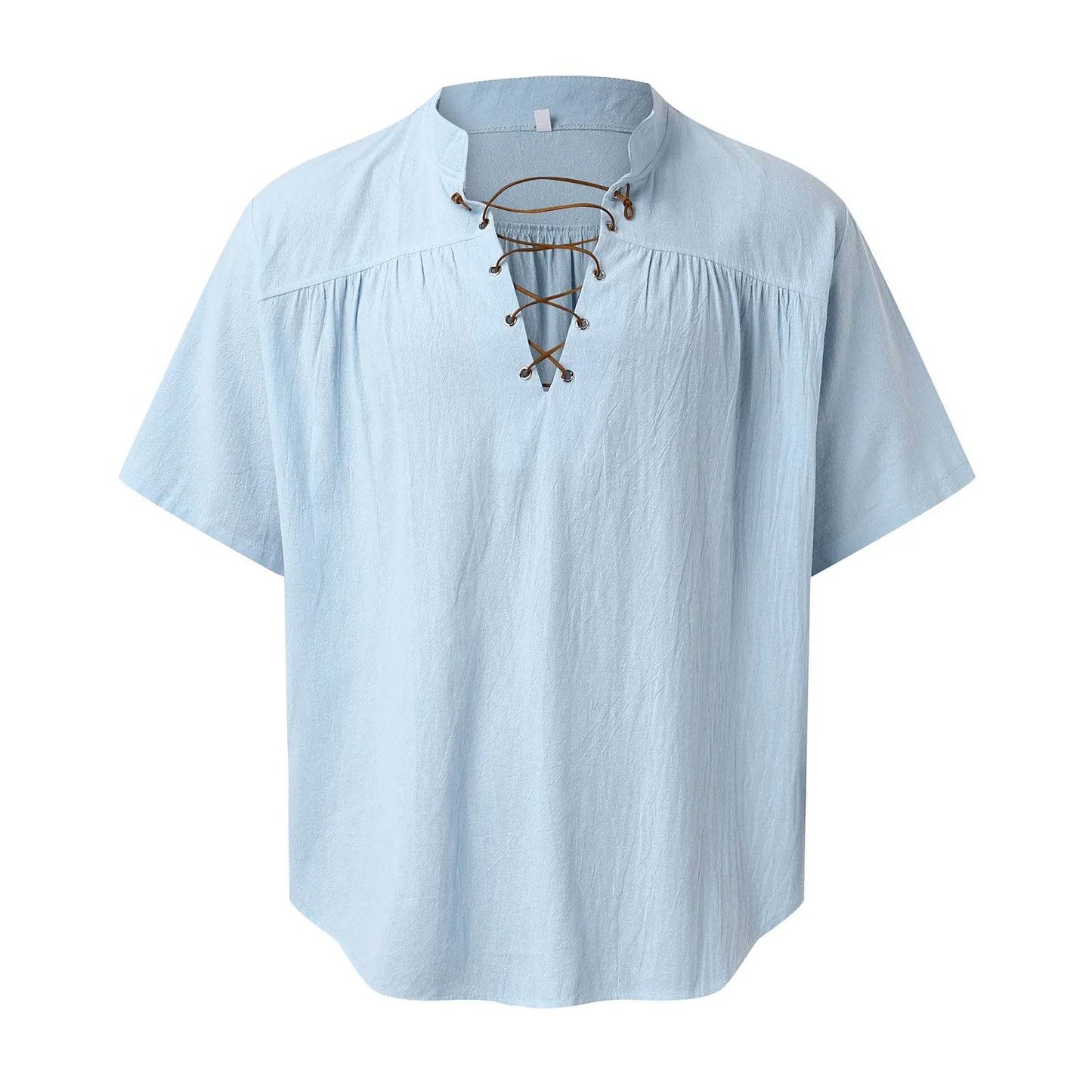 Medieval Costume Shirts Men Short Sleeve Vintage Renaissance V Neck Lace up Blouse Tops - AIAZ