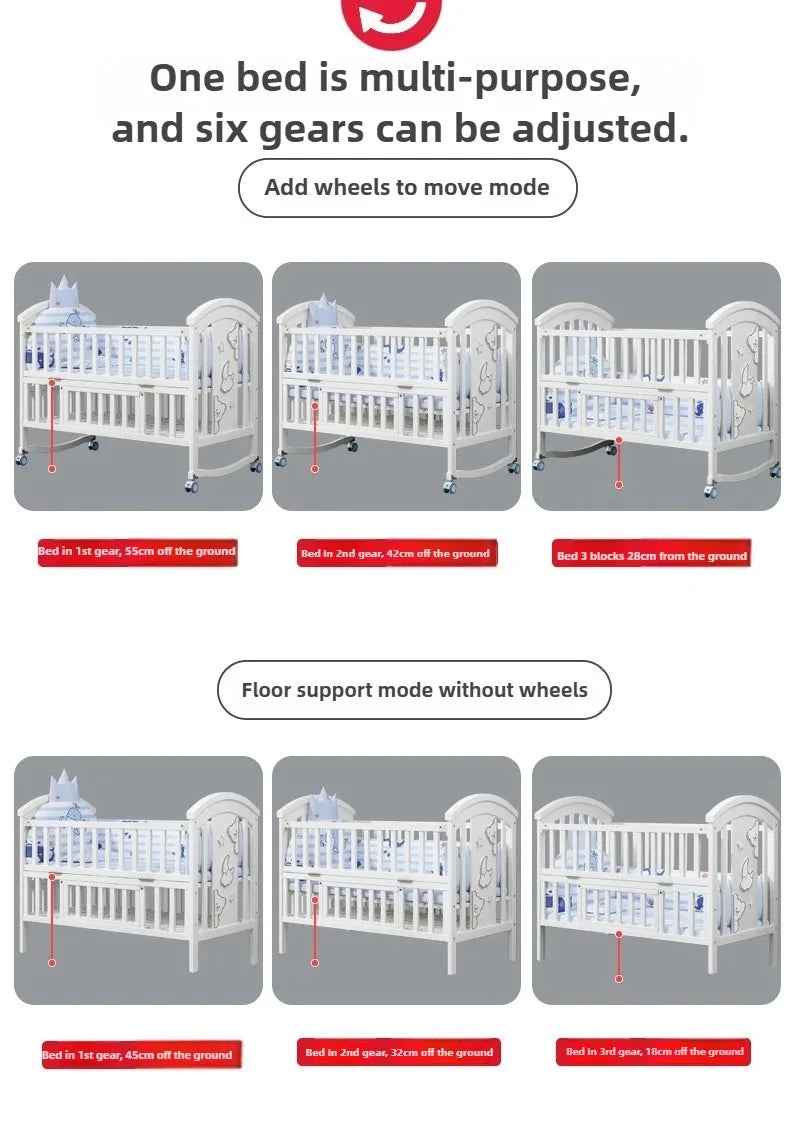 2025New Solid Wood Baby Crib Movable Splicing Bed Multifunctional Baby Rocking Bed Adjustable Guardrail Height with Mosquito Net