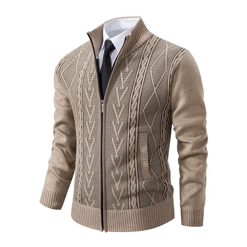Thickened jacket men's autumn and winter warm trend line stand collar knitted cardigan sweater coat - AIAZ